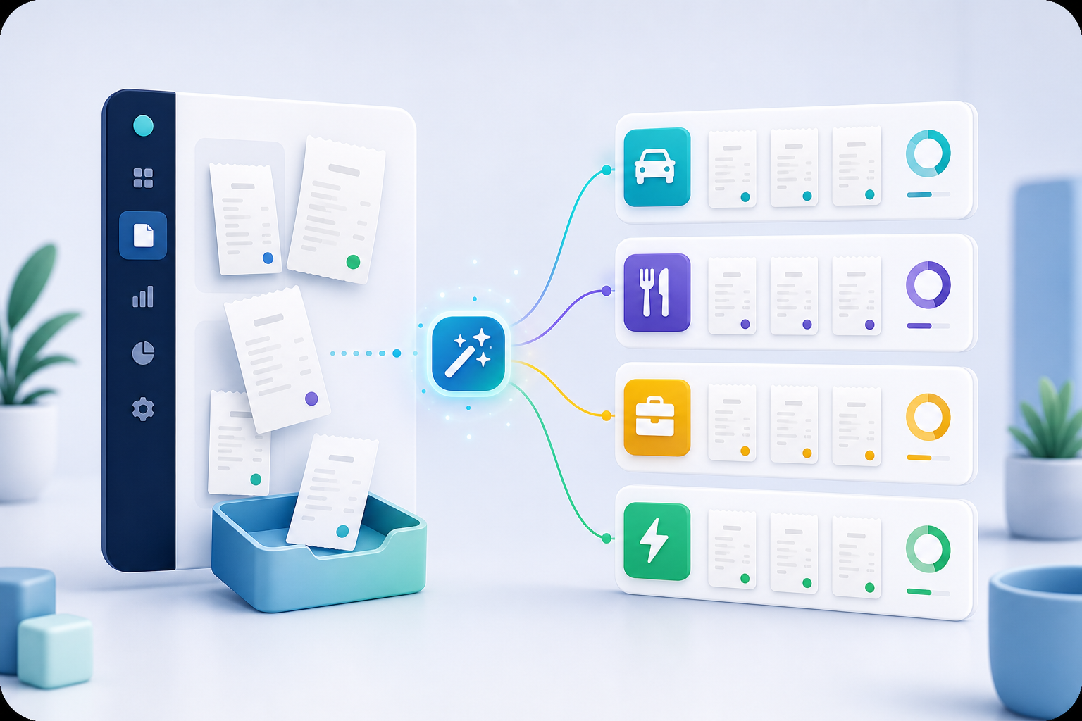 Illustrated receipt records automatically sorted into organized expense categories