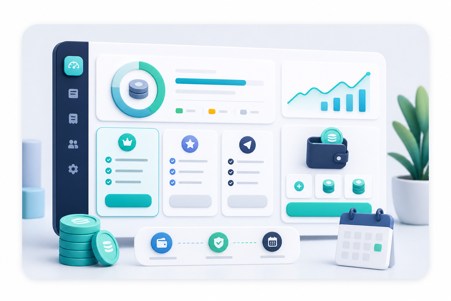 Illustrated billing dashboard with credit balance, plan tiers, and top-up controls