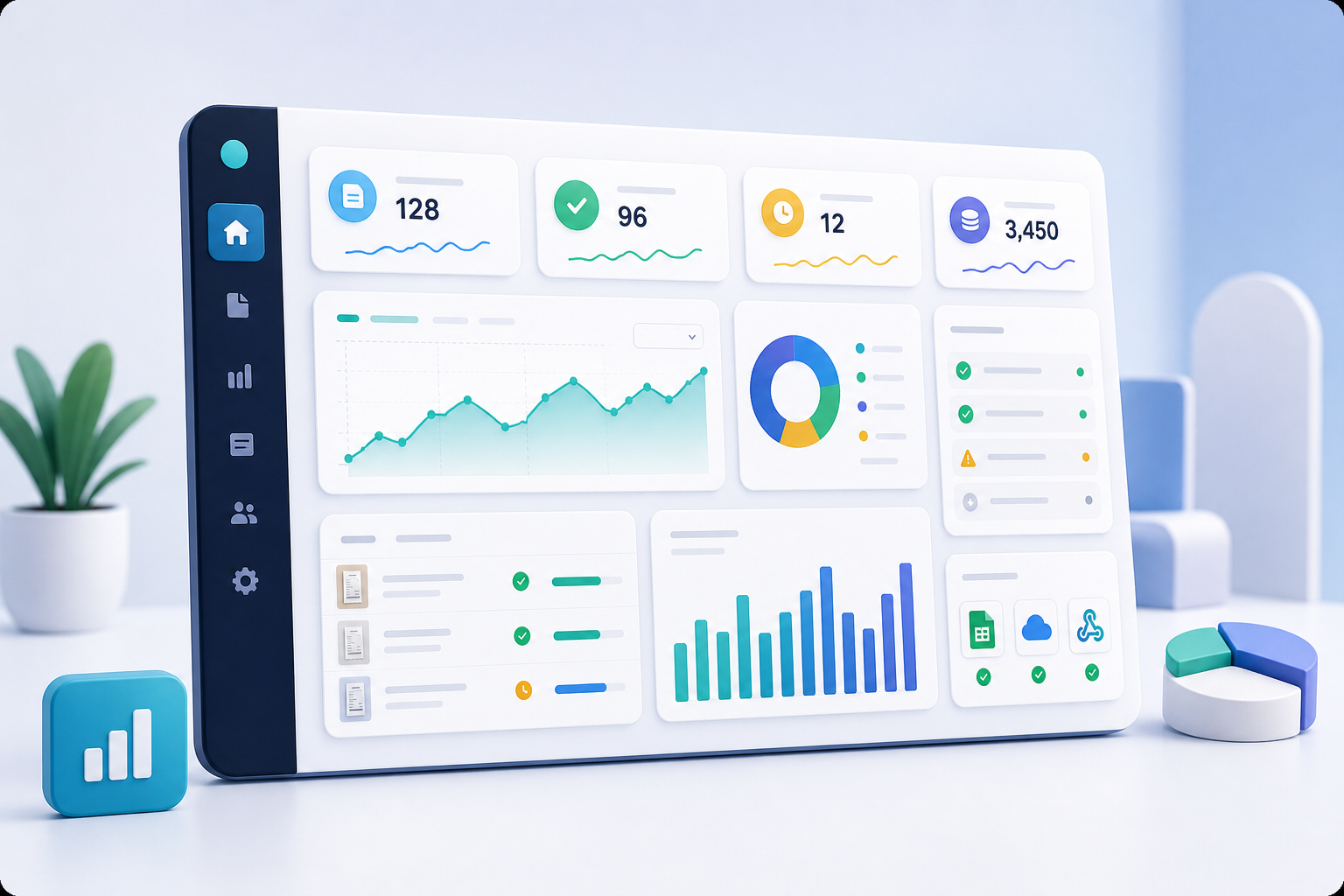 Illustrated finance dashboard with charts, statuses, and receipt activity