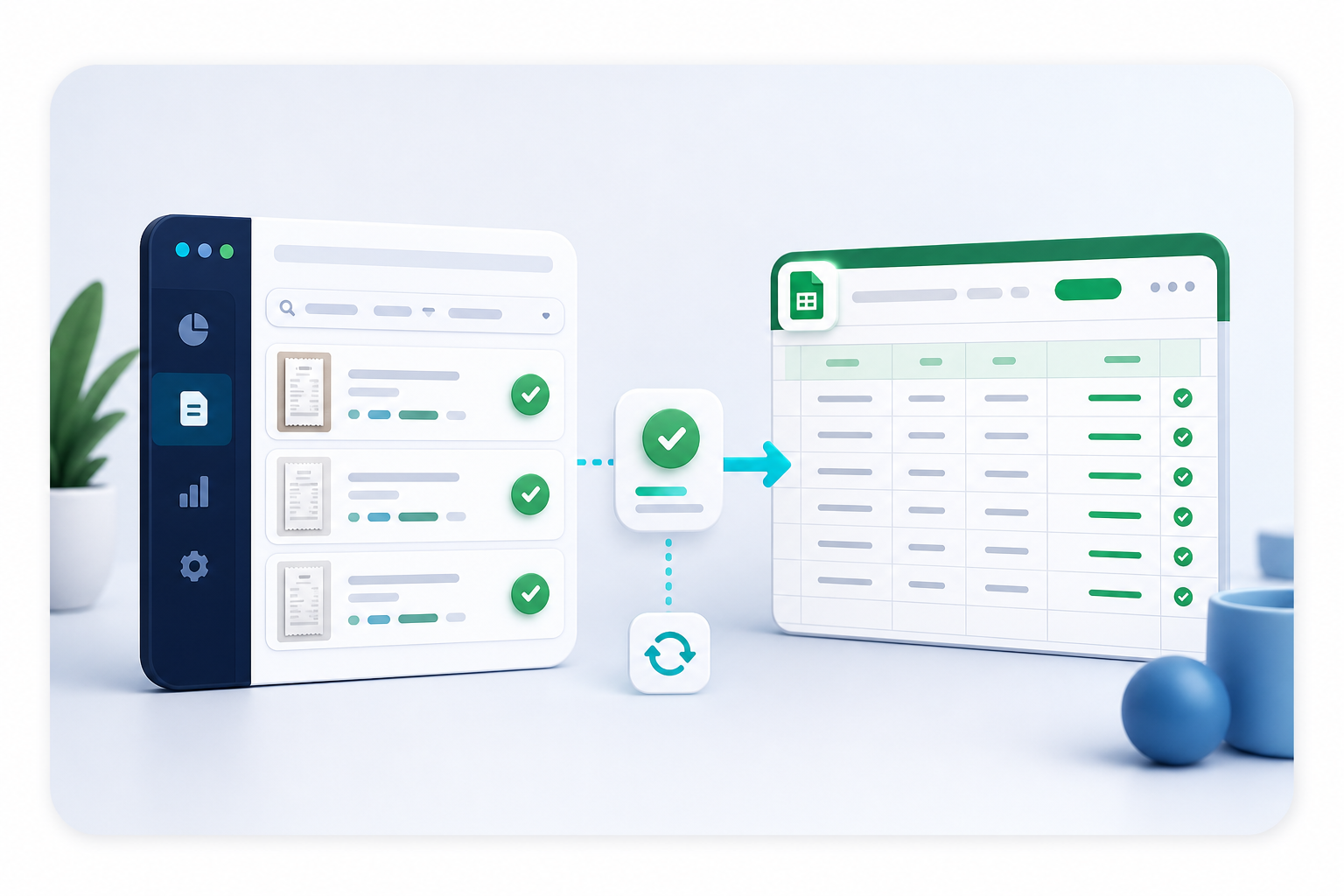 Illustrated GoSpendly receipt records syncing into a spreadsheet grid
