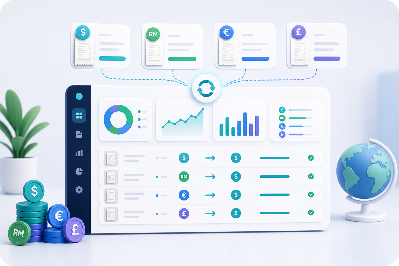 Illustrated finance workspace handling receipt records across multiple currencies
