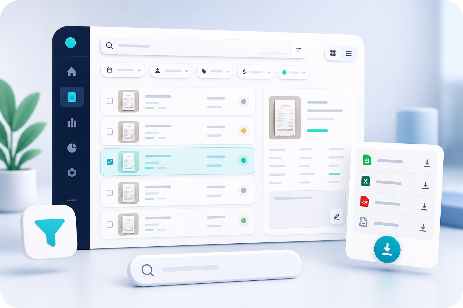 Illustrated receipt workspace with filters, editing controls, and export actions