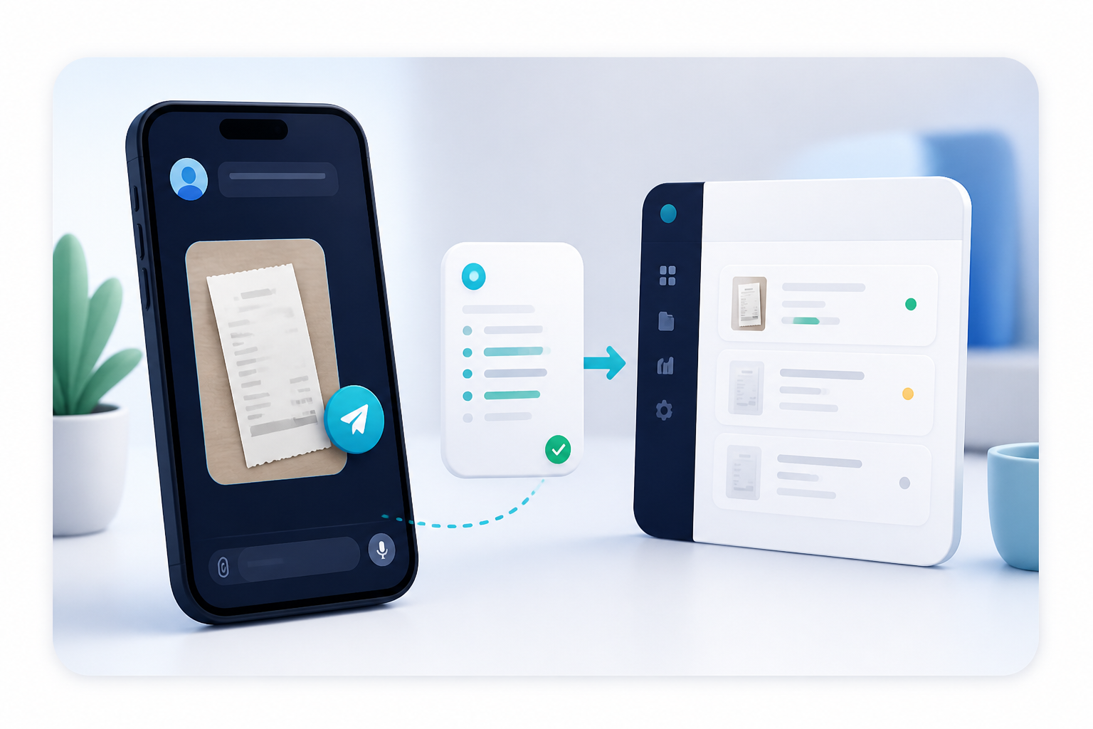 Illustrated smartphone sending a receipt from Telegram into the GoSpendly workspace