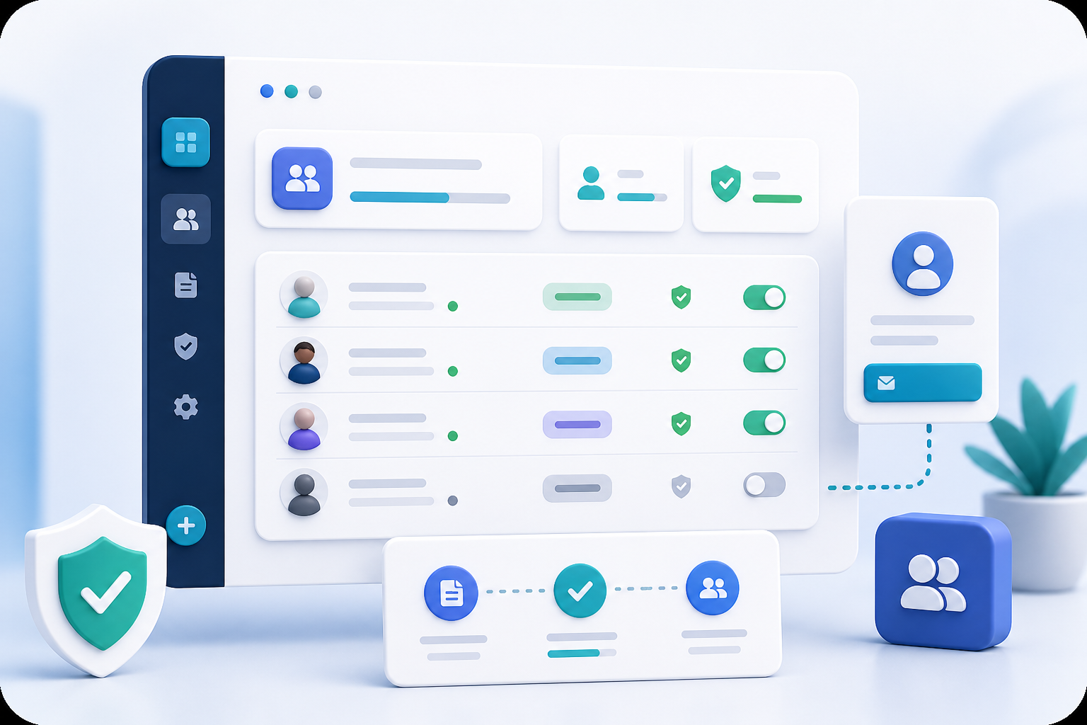 Illustrated workspace management panel with team roles, approvals, and settings